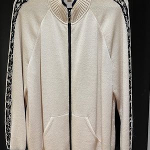 St. John Sport Ivory Knit zipup Jacket w/animal print accent braiding on sleeves
